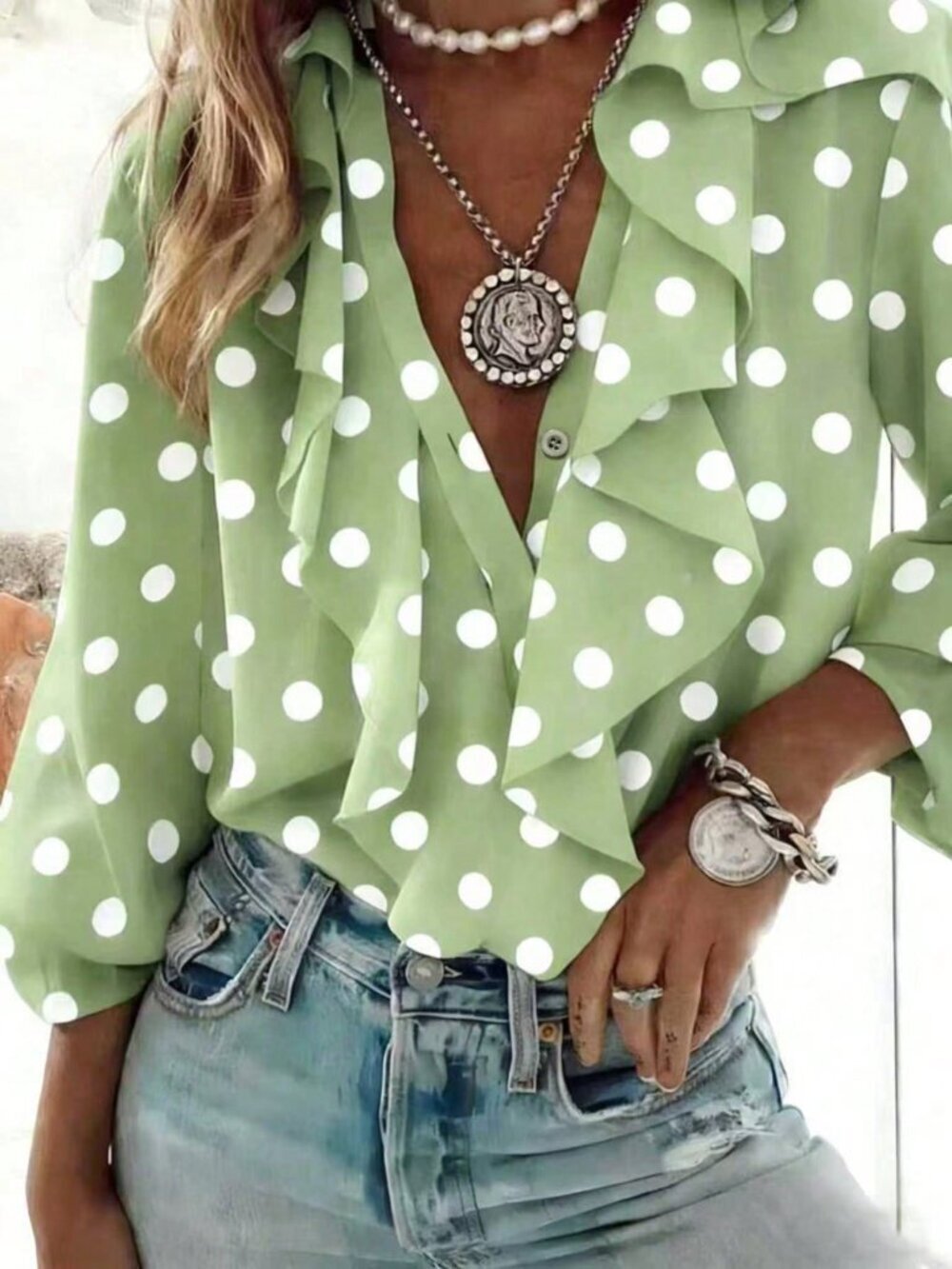 Mint Green Casual Women's Polka Dot French Patchwork Ruffle Hem Blouse